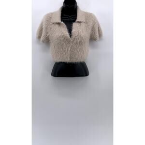 ZARA Women's Beige Fuzzy Knit Split-Neck Short Sleeve Cropped Polo Top SZ S